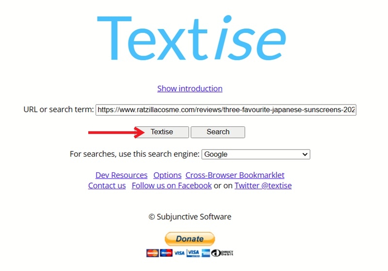 Pressing the "Textise" button in Textise web tool. 