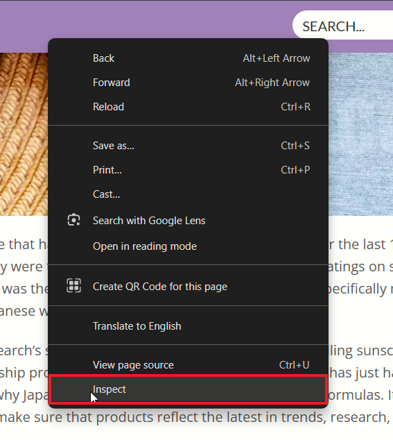Selecting Inspect option in context menu in Chrome browser. 