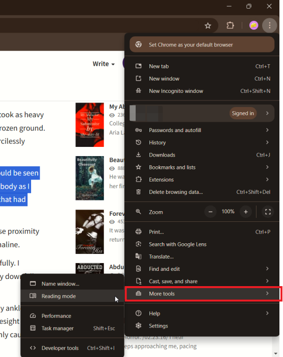 Activating "Reading mode" in Chrome browser on PC.