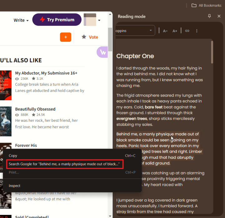 Opting for option to "Search Google" via Chrome Reader mode on PC.
