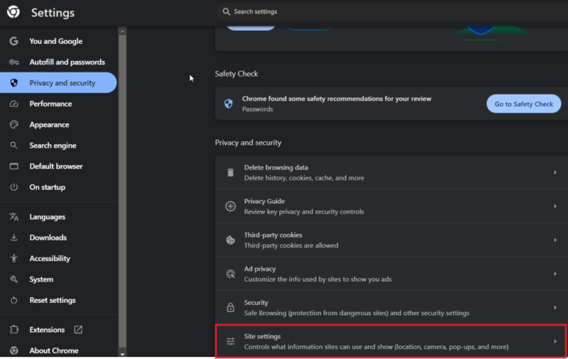 Selecting "Site settings" options in "Privacy and security" section in Chrome browser on PC.