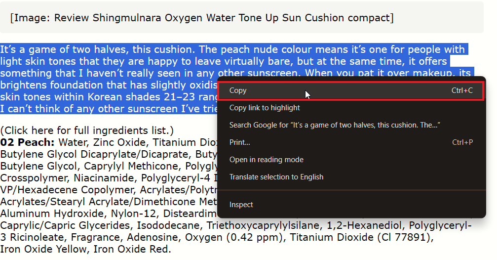 Copying text from Textise tool in browser. 