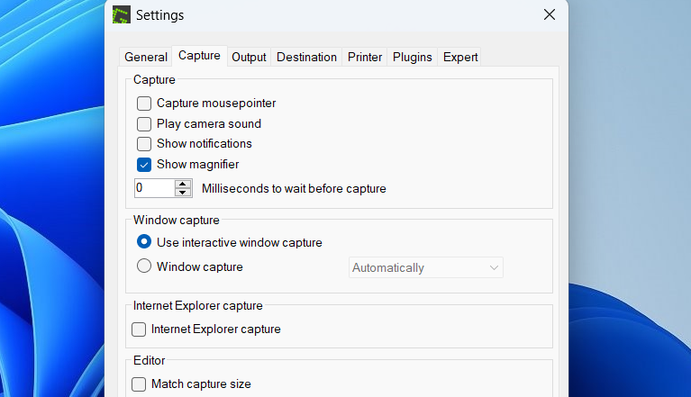 Greenshot preferences window with capture settings