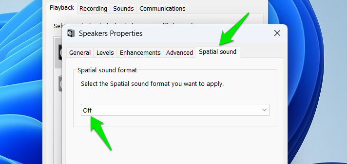Disable Spatial Sound in Windows sound settings