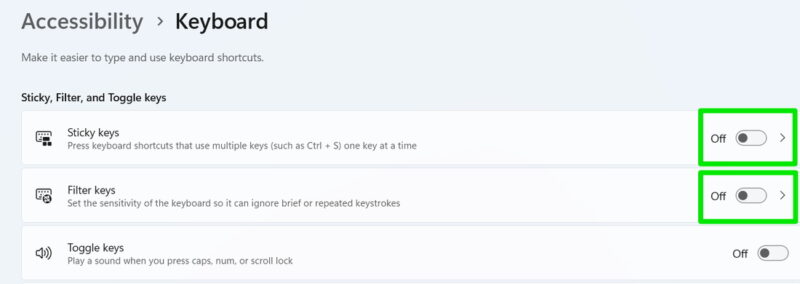 Windows keyboard settings with stickey option disabled