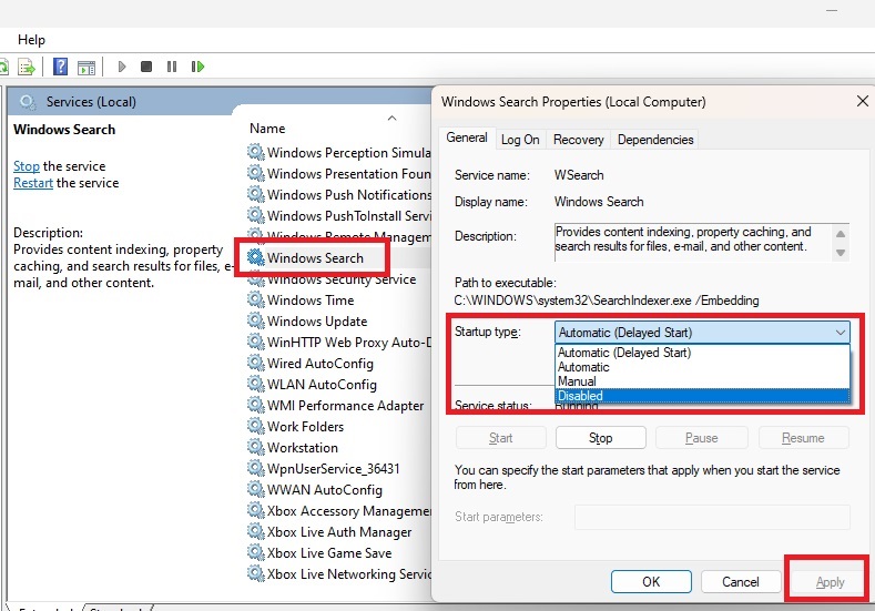 Turning off Windows Search indexing.