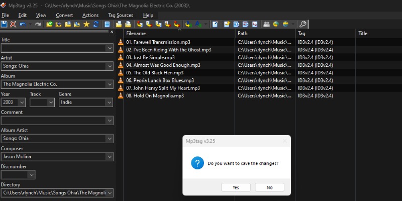Edit Audio Metadata Tag Mp3tag Select Files Batch Edit Info Entered Save Changes