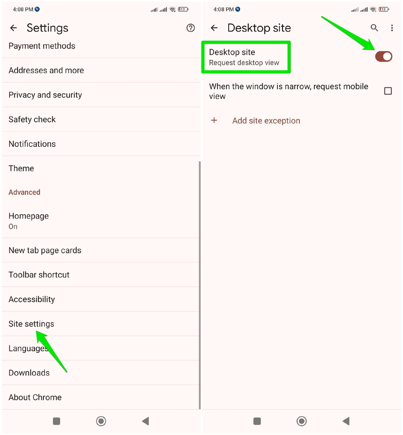 Option to enable desktop mode in Chrome Android and iOS