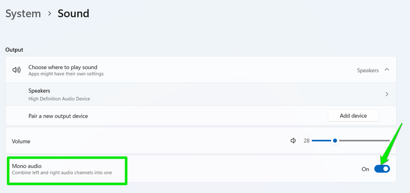 Mono audio toggle in Windows 11