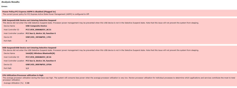 Energy report showing list of errors