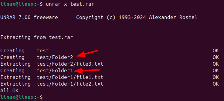 Extracting and displaying directory using the unrar command.