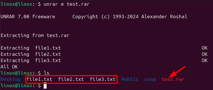 Extracting and listing rar files using the unrar and ls command.