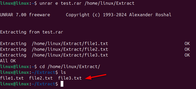 Extracting files from a rar archive into specified directory.