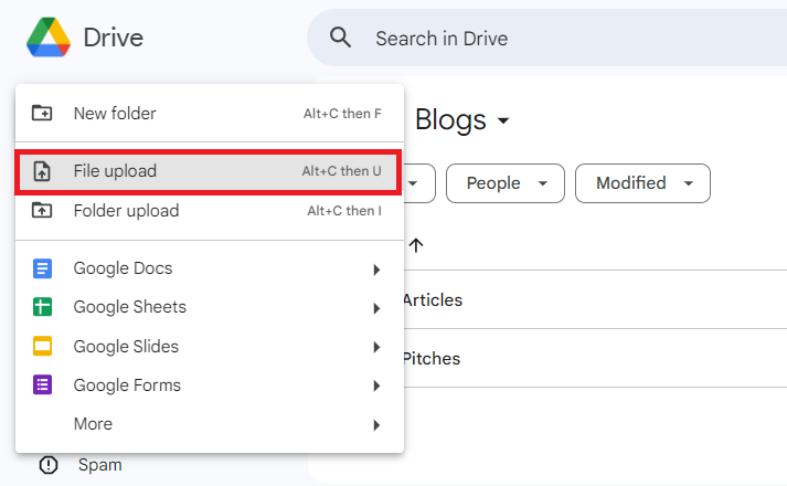 Step that shows to click on File Upload option to upload PDF file to Google Drive