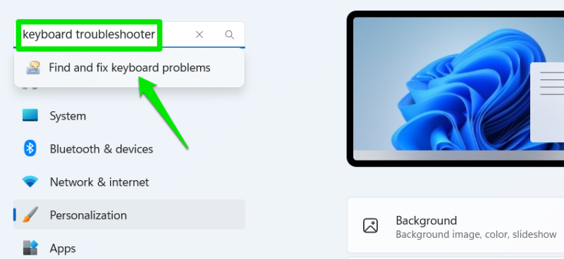 Windows settings search bar with keyboard troubleshooter