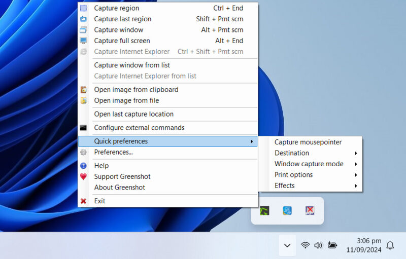 Greenshot interface in the system tray
