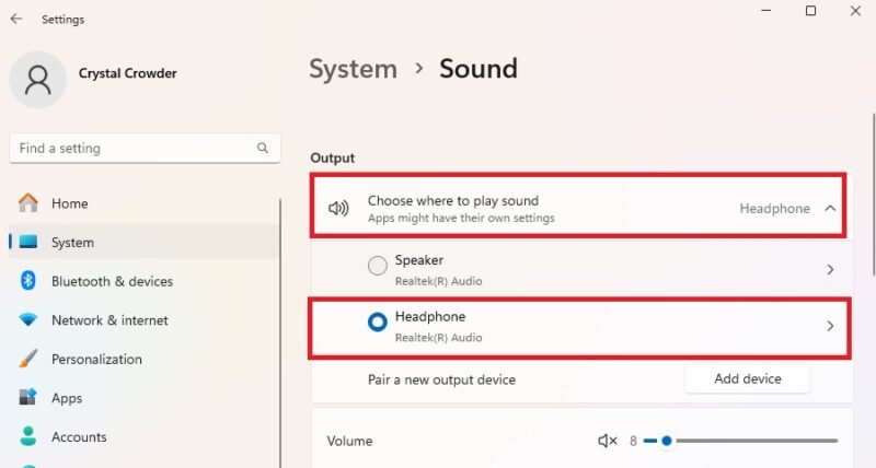 Choosing headphones as the default sound device.
