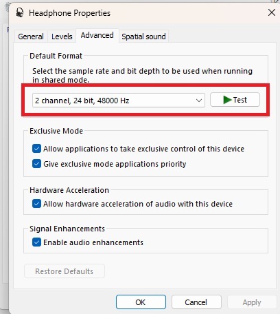 Changing the default format of the headphones.