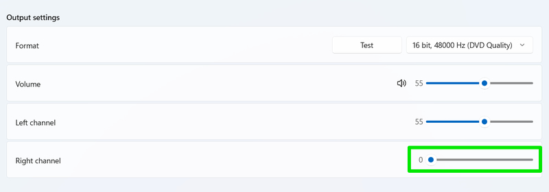 Audio output options in Windows Settings