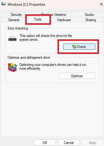 Starting an error checking scan for a Windows hard drive.