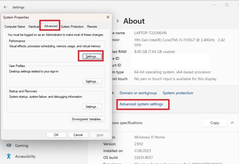 Viewing advanced system settings.