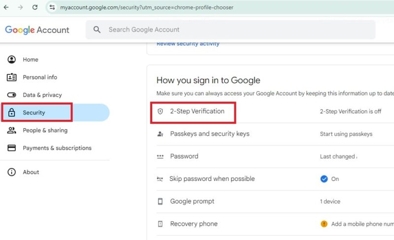 Setting up 2-step verification in Chrome.