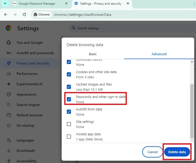 Deleting passwords in Chrome.