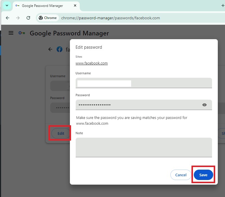 Editing saved passwords in Google Password Manager. 