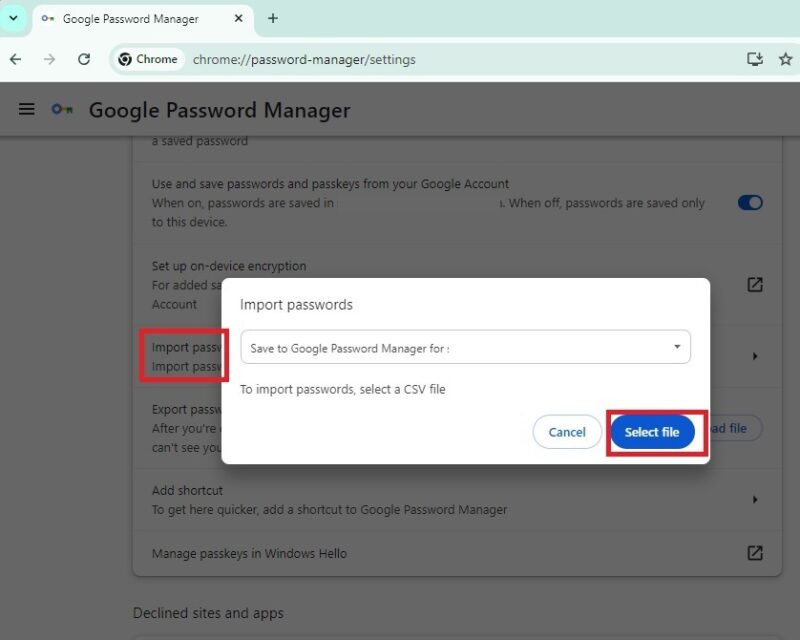 Importing passwords in Chrome.