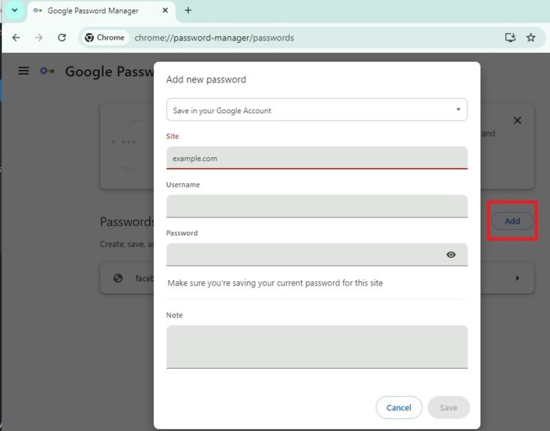 Entering logins manually in Google Password Manager.