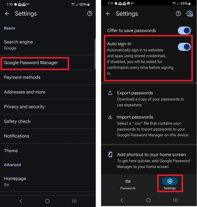 Accessing Google Password Manager on Android.