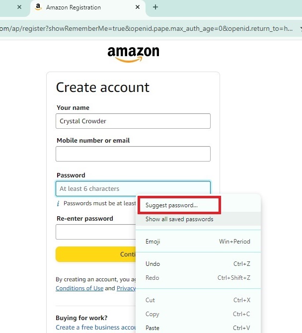 Suggesting a password for a new account.