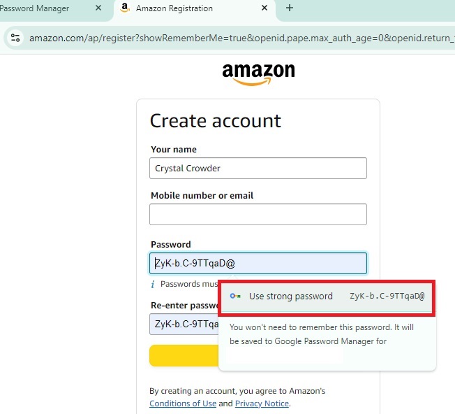 Using a strong password suggested by Password Manager.