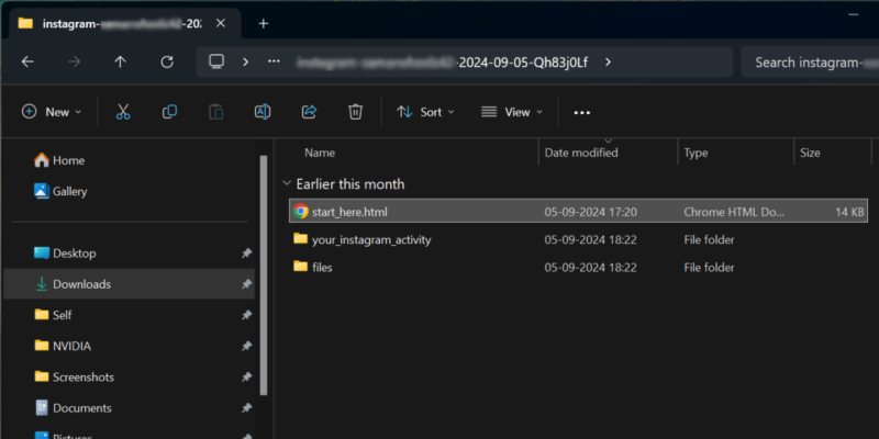 Unzipped folder containing a user's Instagram activity.