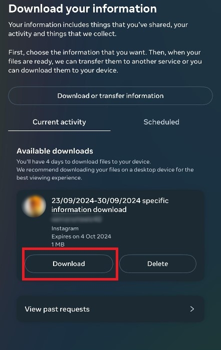 Instagram user's messages ready for download in the Meta Accounts Center.