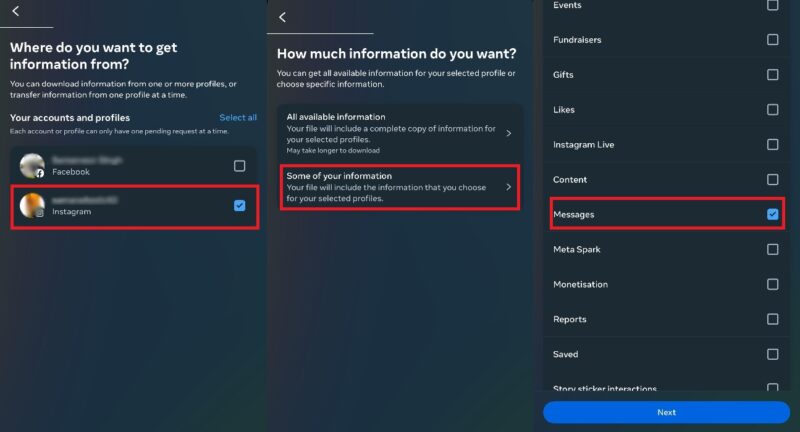 Instagram account being selected and its messages being chosen to download in Meta&rsquo;s Accounts Center.