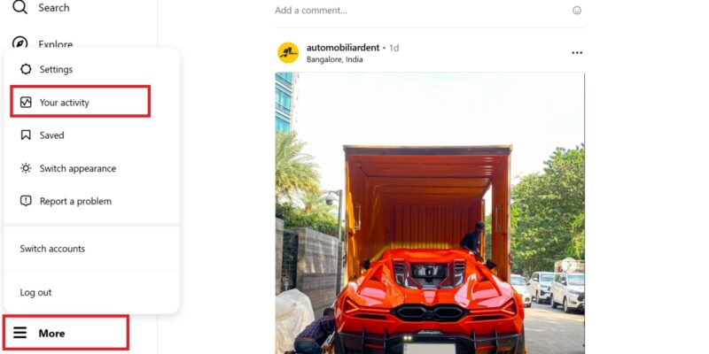 Instagram showing the "More" hamburger icon and its options.