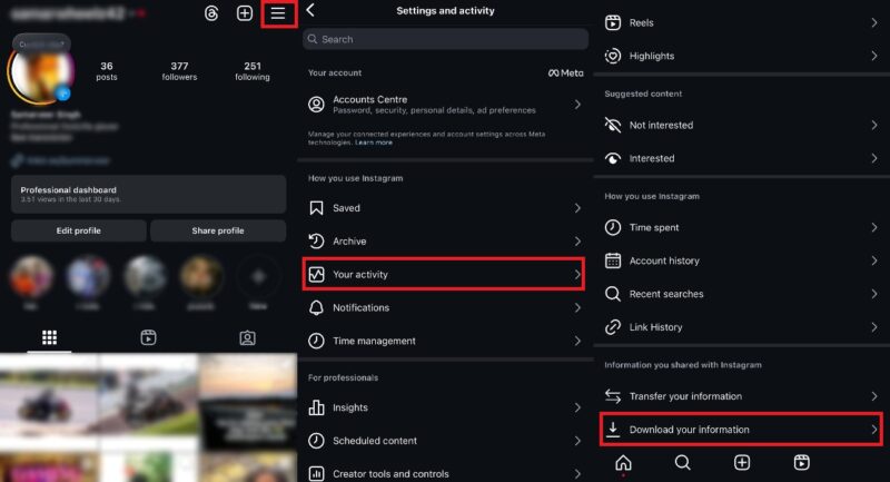 Instagram app's profile and activity settings. 