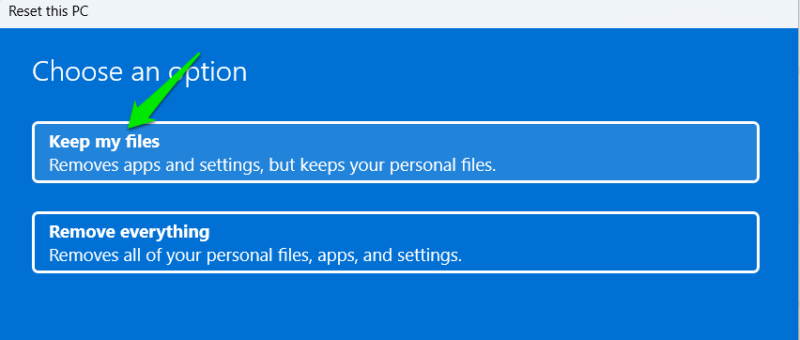 Windows reset options UI with data selection options