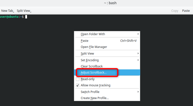 Launching the Konsole Adjust Scroll Back settings in the terminal.