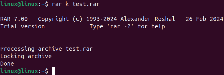 Locking the rar file using the rar command with k option.