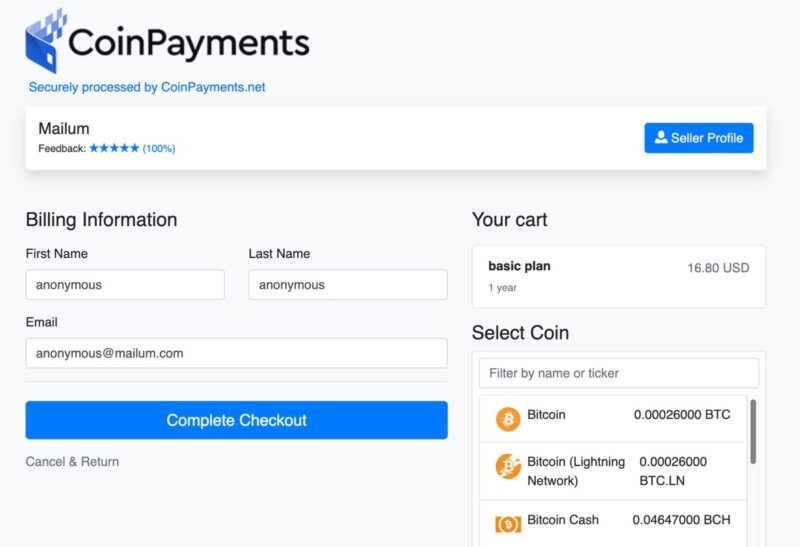Mailum Cryptocurrency Payment Options