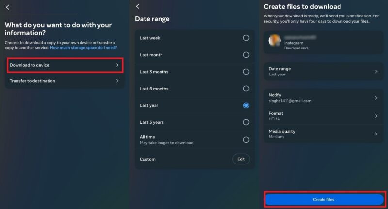 Where files are being created for download in Meta Accounts Center.