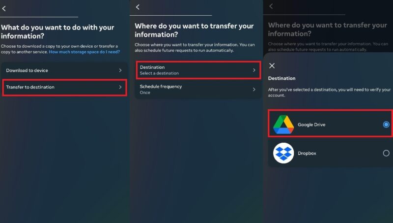 Meta Account Center, where a user chooses Google Drive as the destination for their downloaded information.