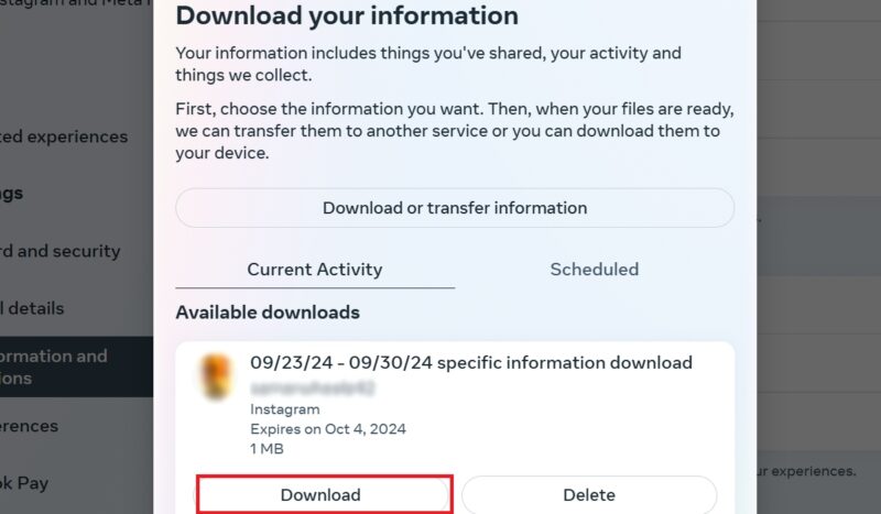 Screenshot of the Meta Accounts Center showing downloaded Instagram chats.