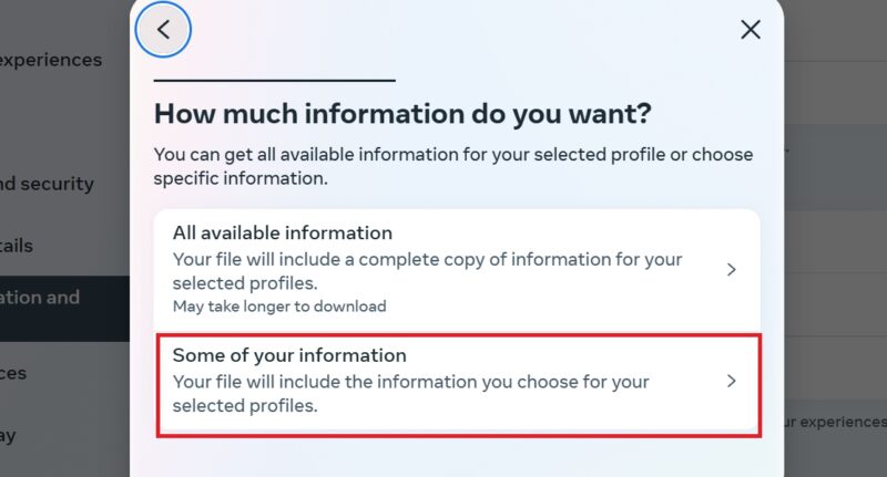 Meta Accounts Center asking the user how much information they need to download.
