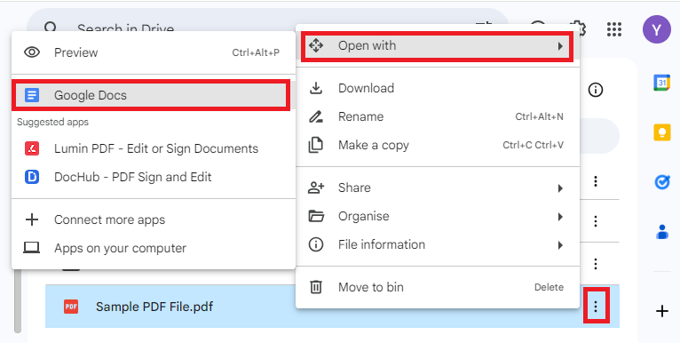 Open the PDF in Open With Google Docs mode on Google Drive