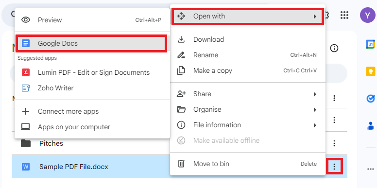 Open the Microsoft Word document as Open with Google Docs on Google Drive