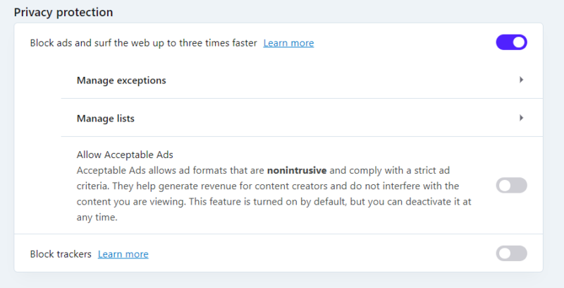 Opera Ad Blocker in the settings
