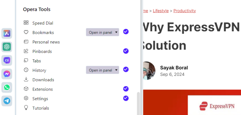 Opera tools in the side bar